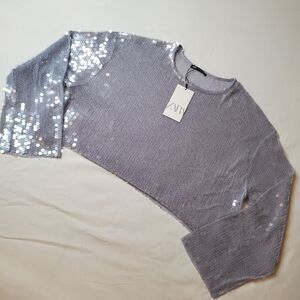 Zara Womens Size M NWT Sequin Cropped Top Sweater Long Sleeve Gray